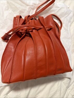 Leather Drawstring Bucket Bag in Rust Red - Women Bags
